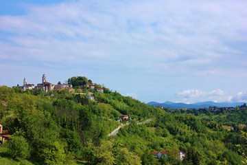 Fototapeta na wymiar Panorama of Cremolino, Alessandria hills, Italy 