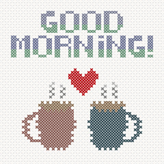 Good morning lettering with cups of coffee and heart