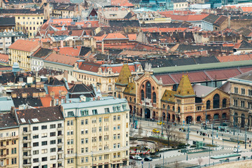 Fototapeta na wymiar View from Gellert Hill to Pest side and square near Great Market Hall in Budapest, Hungary