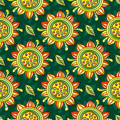 Seamless endless floral pattern with decorative Sunflowers and leaves isolated on dark background. Can be used as wallpaper or wrapping paper. Vector illustration