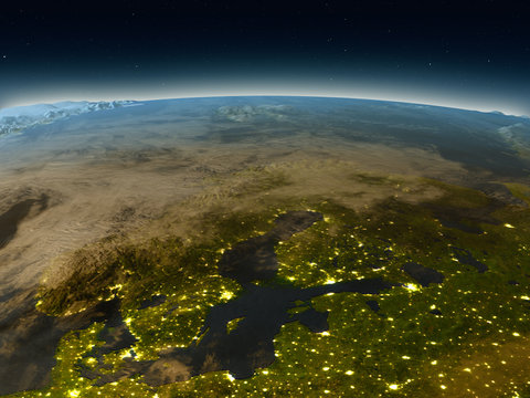 Scandinavian Peninsula from space in the evening