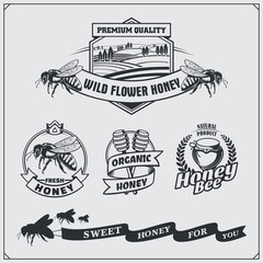 Set of honey labels, badges, emblems and design elements.