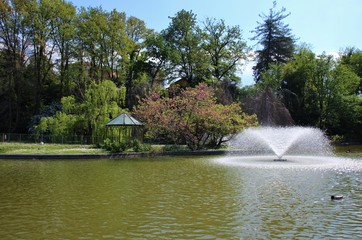 Naklejka premium Fountain and kiosk in Villa Serra-Pinelli, Comago, Italy 