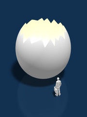 Business figure looking at broken eggs