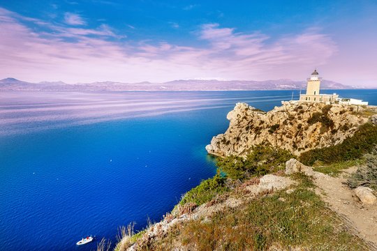 Lighthouse Melagavi, Corinth harbor, Greece, Europe. Sunrise scenery.