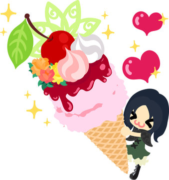 A cute little girl and a ice cream of cherry