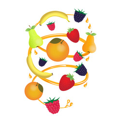 Garden and exotic fruit in a juice stream with spray. Ripe berries. Raspberries, blackberries and strawberries. Bananas, pears and oranges.