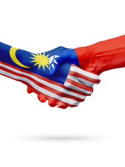 Flags Malaysia, Taiwan countries, partnership friendship handshake concept.