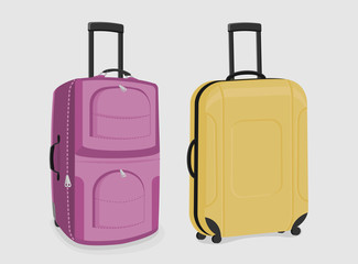 Two sturdy suitcases of pink and yellow colour isolated on white background.