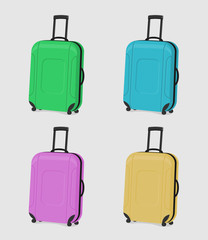 Four durable suitcases of green, blue, pink and yellow isolated on a white background.