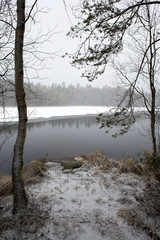 Fototapeta na wymiar Lake side view on a spring morning. Snow blizzard and reflecting waters. Snow storm hit the morning.