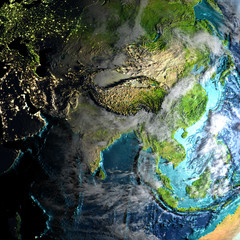 Asia on physical map in the morning