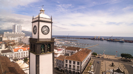 Saint Sabastian church with clock tower in Ponta Delgada on Sao Miguel Island in Azores, Portugal....