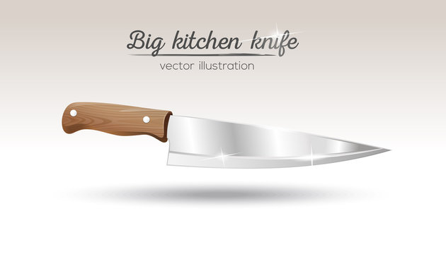 Big chef kitchen knife with wooden handle. Cooking utensils. Realistic vector illustration