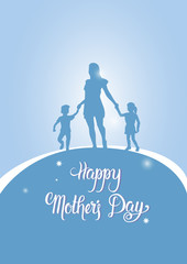 Happy Mother Day, Silhouette Mom Holding Children Hands, Spring Holiday Greeting Card Banner Flat Vector Illustration