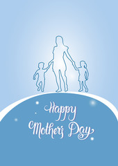 Happy Mother Day, Silhouette Mom Holding Children Hands, Spring Holiday Greeting Card Banner Flat Vector Illustration