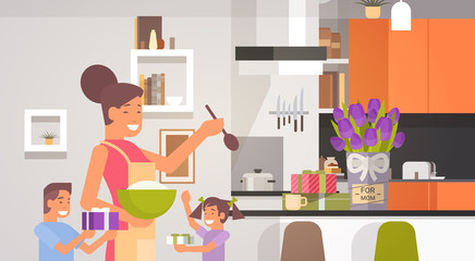 Happy Smiling Mom With Children In Kitchen Greeting Mother Day, Spring Holiday Flat Vector Illustration