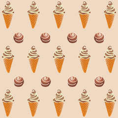 Ice cream with chocolate. Pattern on a light background. Design for textiles, tapestries, packaging materials, bags, wallet, goods for children.
