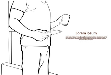 Man Hold Tablet Computer Coffee Cup Closeup Sketch Chatting Online Vector Illustration