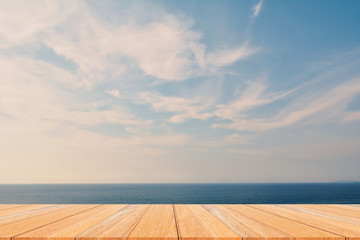 Fototapeta na wymiar Wood plank and sea sky background