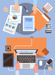 Business People Workplace Desk Hands Working Laptop And Tablet Computer Top Angle View Office Flat Vector Illustration