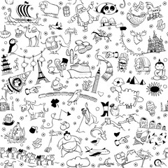 Around the World seamless pattern in black and white