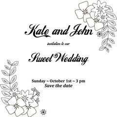 wedding invitation card with flowers frame, for holidays, black and white