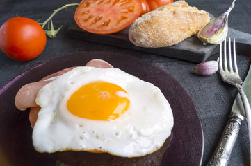 fried egg with ham and tomatoes on dark plate