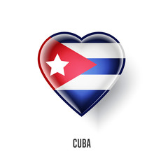 Patriotic heart symbol with Cuba flag vector illustration isolated on white background. Love Cuba design element or shiny logo, glossy button.