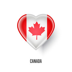 Patriotic heart symbol with Canada flag vector illustration isolated on white background. Love Canada design element or shiny logo, glossy button.