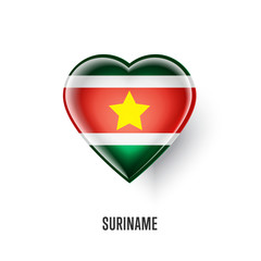 Patriotic heart symbol with Suriname flag vector illustration isolated on white background. Love Suriname design element or shiny logo, glossy button.