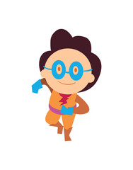 Funny super kid vector illustration isolated on white background. Boy in superhero costume character in flat design.