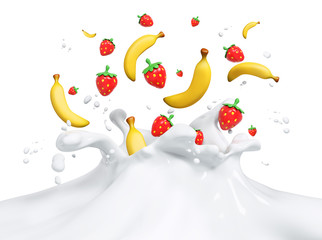 Fresh fruits falling into the milky splash milk 3d rendering