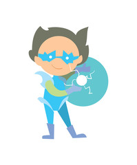 Funny super children vector illustration isolated on white background. Boy in superhero costume character in flat design.