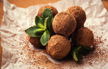 Chocolate truffle,Truffle chocolate candies with cocoa powder.Homemade fresh energy balls with...