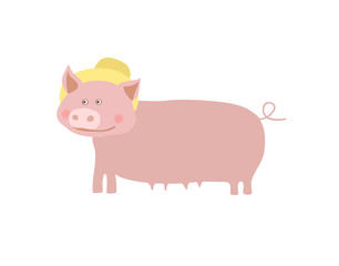 Farm pet pig with hat vector illustration isolated on white background. Cute farm animal, domestic livestock in cartoon style.