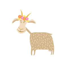 Goat with flower wreath vector illustration isolated on white background. Cute cattle farm animal, domestic livestock in cartoon style.