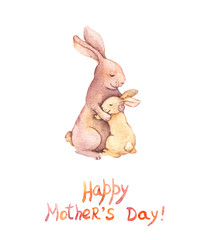 Card for Mothers day - mother rabbit embrace her adorable kid. Aquarelle art