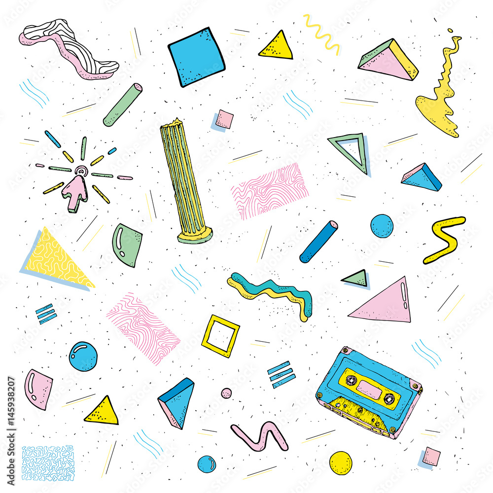 Aufkleber modern abstract design pattern 80s-90s fashion style. background with geometric shapes, cassette,col