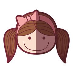 color silhouette shading cartoon front face girl with pigtails and pink bow lace hair vector illustration