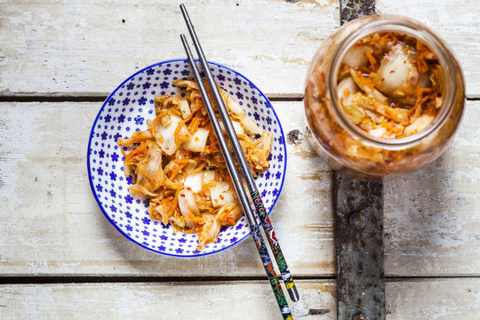 Homemade Korean Kimchi with Chinese cabbage, scallions and carrots