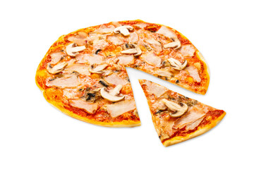 Delicious pizza with ham and mushrooms isolated