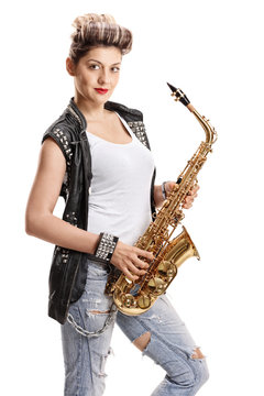Female street performer with a saxophone