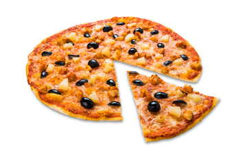 Delicious pizza with chicken, pineapple and olives isolated