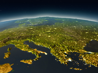 Adriatic sea region from space in the evening - obrazy, fototapety, plakaty