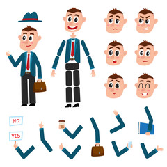 Man character creation set with different gestures and emotions, cartoon vector illustration on white background. Funny man, businessman creation set, constructor, moving arms, legs, changeable face