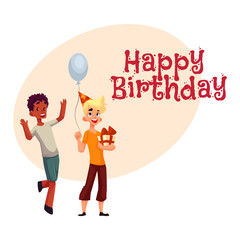 Happy birthday vector greeting card, poster, banner design with Two boys at birthday party, black dancing, Caucasian holding gift and balloon. Two boys, kids at birthday party, holding balloons