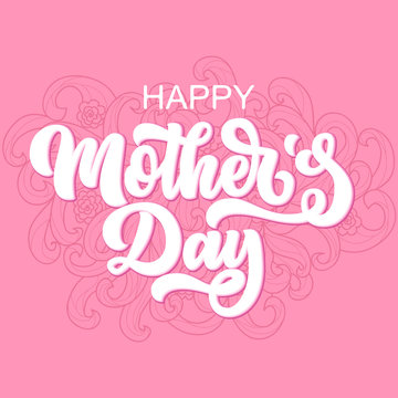 Hand drawn lettering Happy Mother's day inscription with doodle sketch, isolated on pink background. Vector illustration.