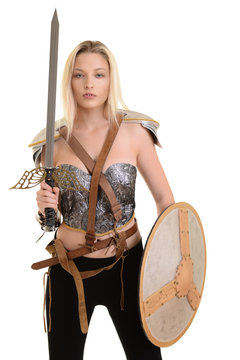 female warrior with shield and sword