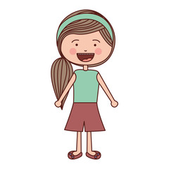 color silhouette smile expression cartoon side ponytail hair girl with shirt and skirt vector illustration